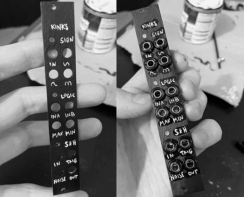 on the left, Kinks now painted black with white text written on in pen and on the right, with hardware black on and clear nail varnish added to protect text