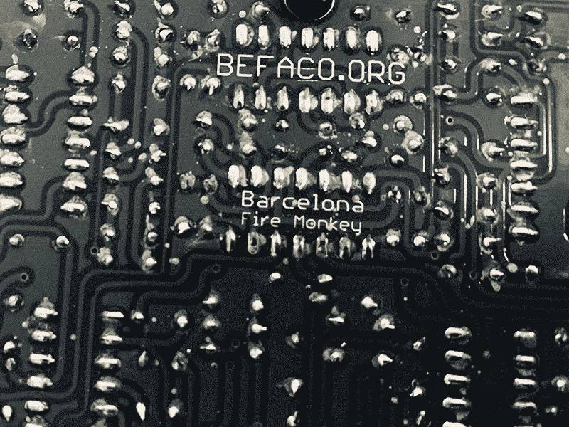text on the pcb of befaco rampage saying fire monkey